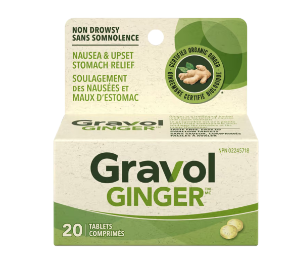 Gravol Ginger packaging with green and beige design on a white background