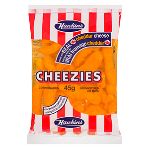 Packaged snack of Cheezies with red and white striped design on a white background