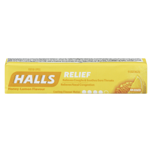 Halls Relief honey lemon flavor lozenges packaging on a white background
