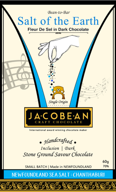 Jacobean craft chocolate packaging with 'Salt of the Earth' flavor description