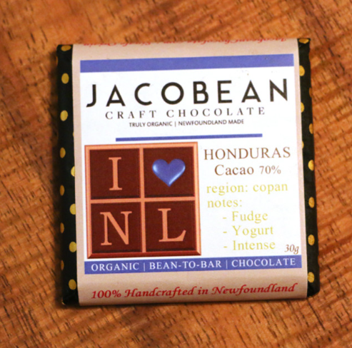 Jacobeans craft chocolate bar with label on a wooden surface