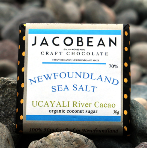 Jacobean craft chocolate bar with Newfoundland sea salt and UCAYALI River Cacao on a rocky background