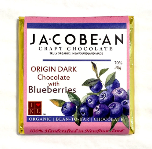 Jacobean craft chocolate bar with blueberries on a white background