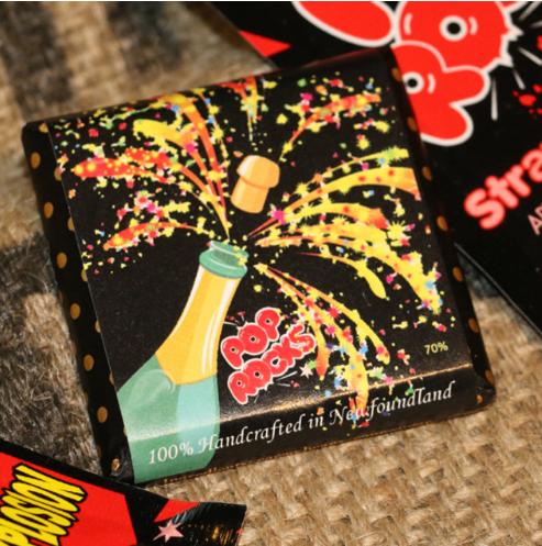 Chocolate bar packaging with colorful design and text on a textured surface