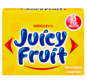 Box of Juicy Fruit gum with yellow background and blue text