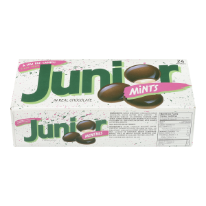 Box of Junior Mints chocolate candies on a white background