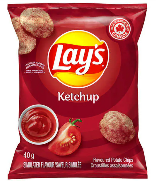 Lay's Ketchup potato chip bag with red background