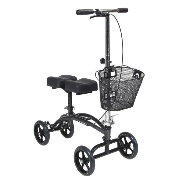 Black knee scooter with wheels and basket on a white background