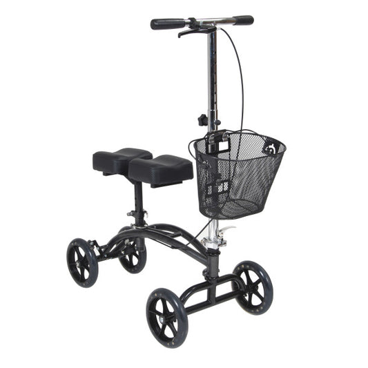 Black knee scooter with wheels and basket on a white background