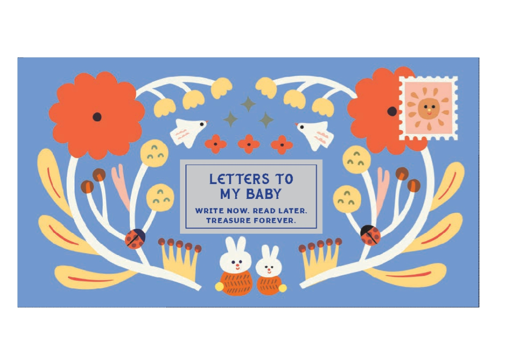 Book titled 'Letters to My Baby' with floral and animal illustrations on a blue background