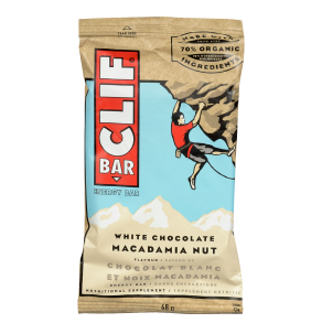 Clif Bar white chocolate macadamia nut energy bar packaging on a white background