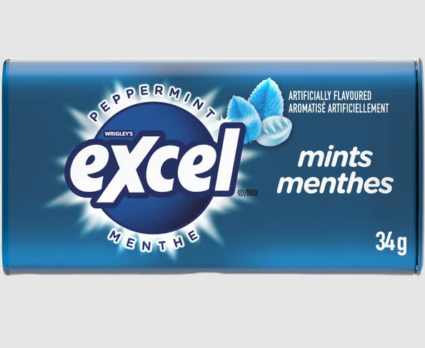 Box of Excel peppermint mints with blue and white design