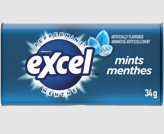 Box of Excel peppermint mints with blue and white design
