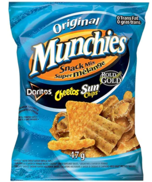 Munchies snack mix packaging with Doritos, Cheetos, and Sun Chips on a blue background