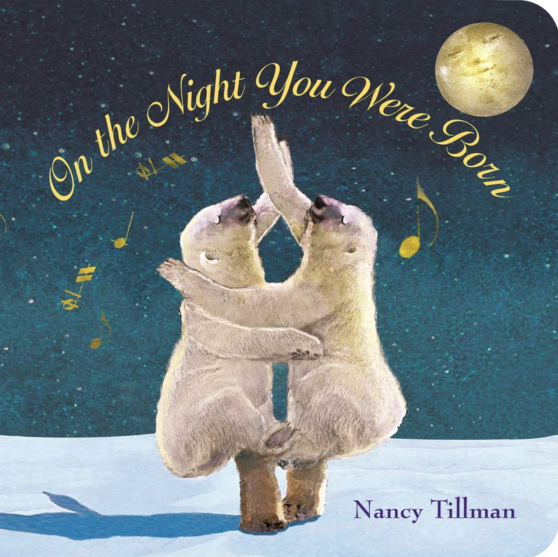 Book cover of 'On the Night You Were Born' with two polar bears in a snowy landscape.