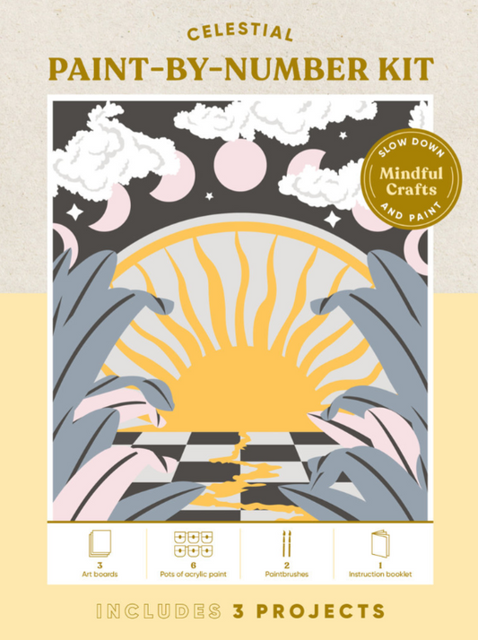 Celestial paint-by-number kit packaging with artistic design and brand name on a beige background