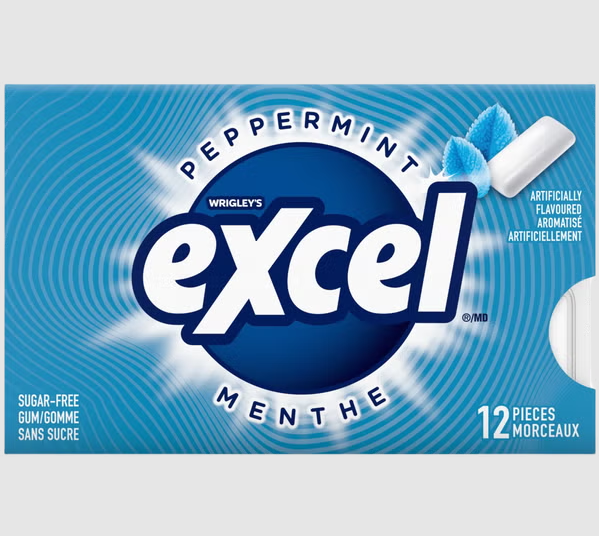 Wrigley's Excel peppermint gum packaging on a light blue background