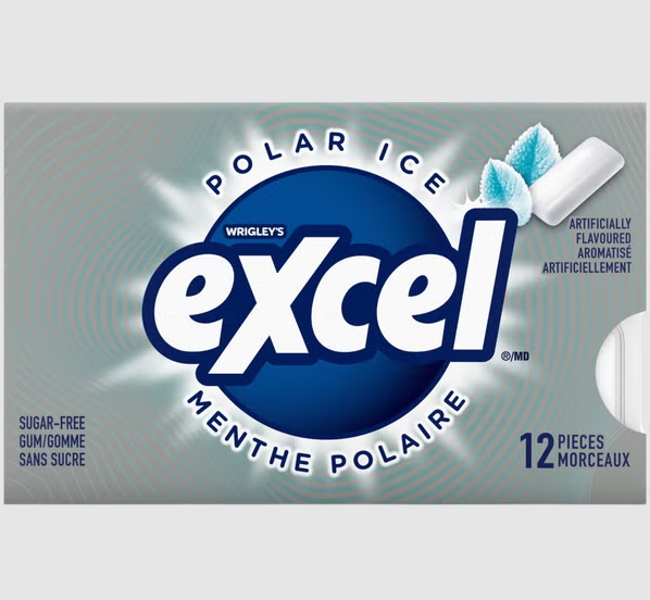Wrigley's Excel Polar Ice gum packaging on a light gray background