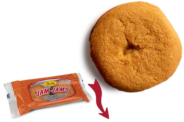 Orange cookie next to a package labeled 'Jam Jams' on a white background