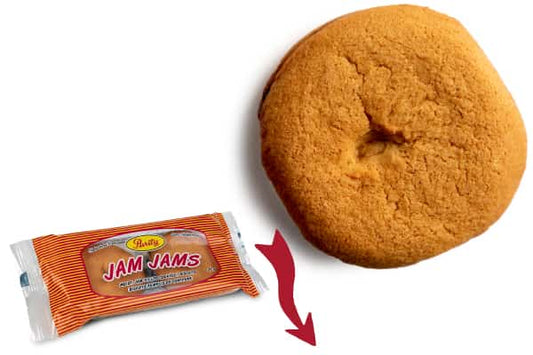 Orange cookie next to a package labeled 'Jam Jams' on a white background