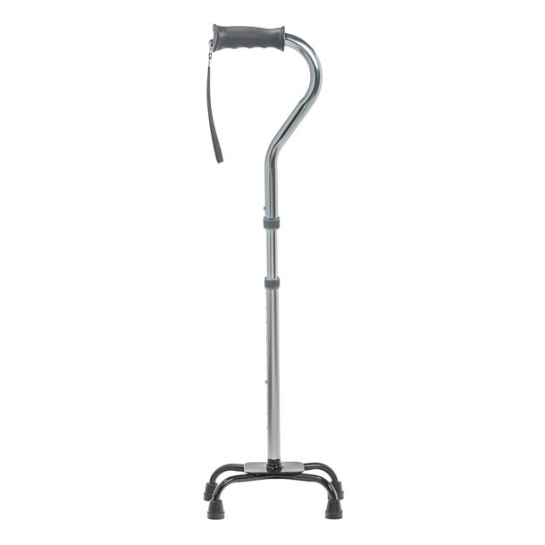 Silver walking cane with a black handle on a white background