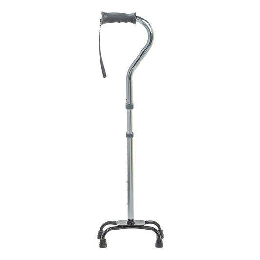 Silver walking cane with a black handle on a white background