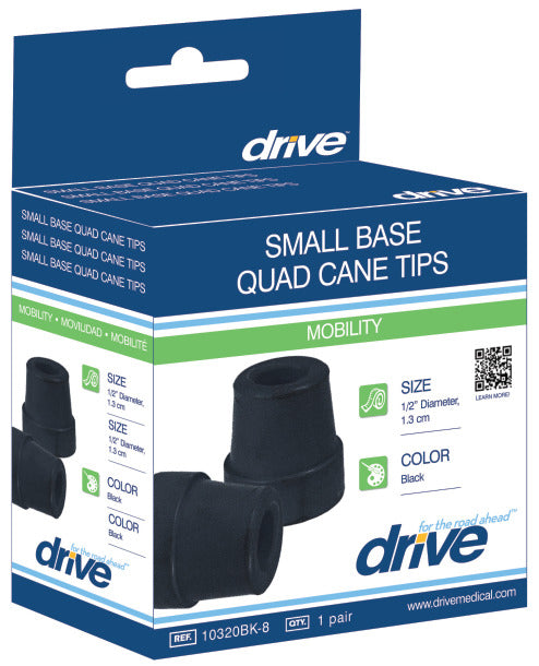 Box of Drive Small Base Quad Cane Tips with product images and branding.