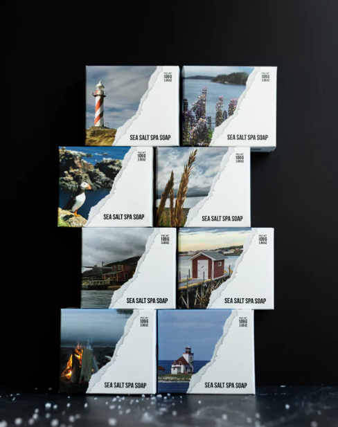 Sea Salt Spa Soap packaging with scenic images on a black background