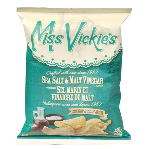 Bag of Miss Vickie's Sea Salt & Malt Vinegar flavored chips on a white background