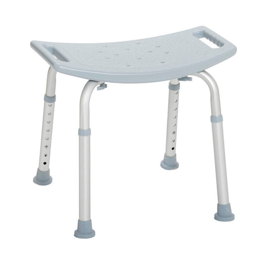 Gray adjustable shower bench with handle on a white background