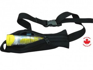 Black waist bag with a yellow canister on a white background