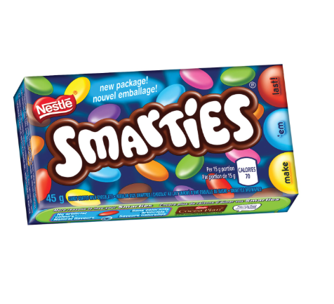 Box of Nestle Smarties candy with colorful candy pieces on a white background