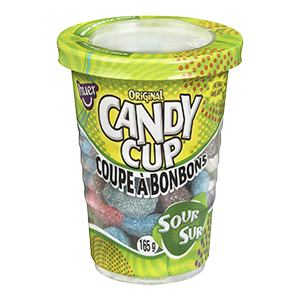 Candy cup with colorful candies on a white background
