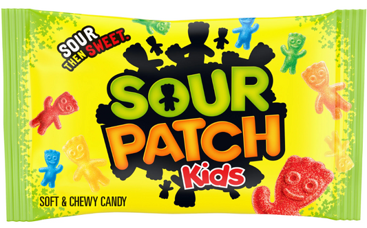 Sour Patch Kids candy package with colorful characters on a yellow background