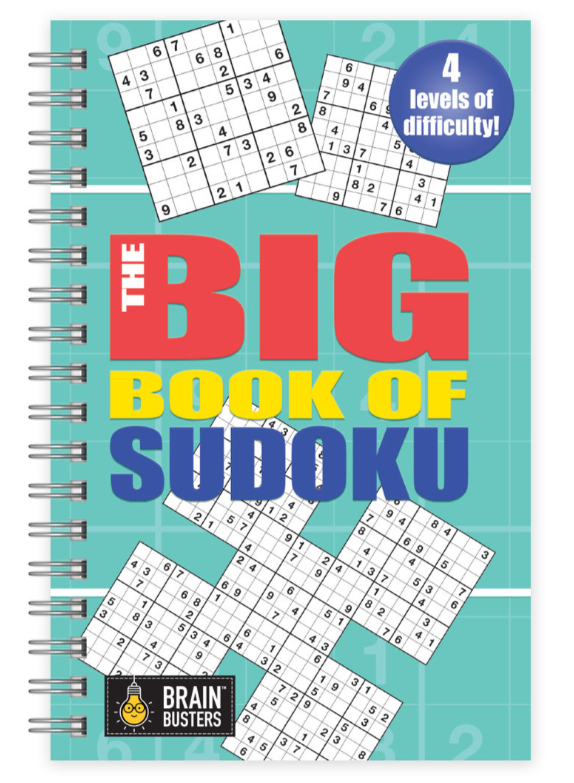 Cover of 'The Big Book of Sudoku' with Sudoku puzzles and difficulty level text on a blue background.