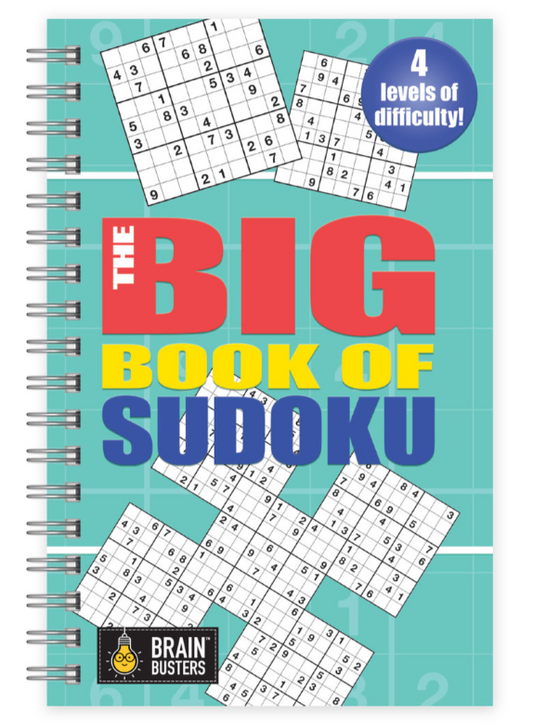 Cover of 'The Big Book of Sudoku' with Sudoku puzzles and difficulty level text on a blue background.