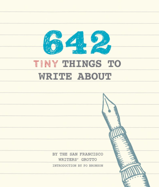 Book cover with '642 Tiny Things to Write About' text and a pen on lined paper background
