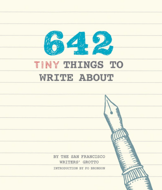 Book cover with '642 Tiny Things to Write About' text and a pen on lined paper background