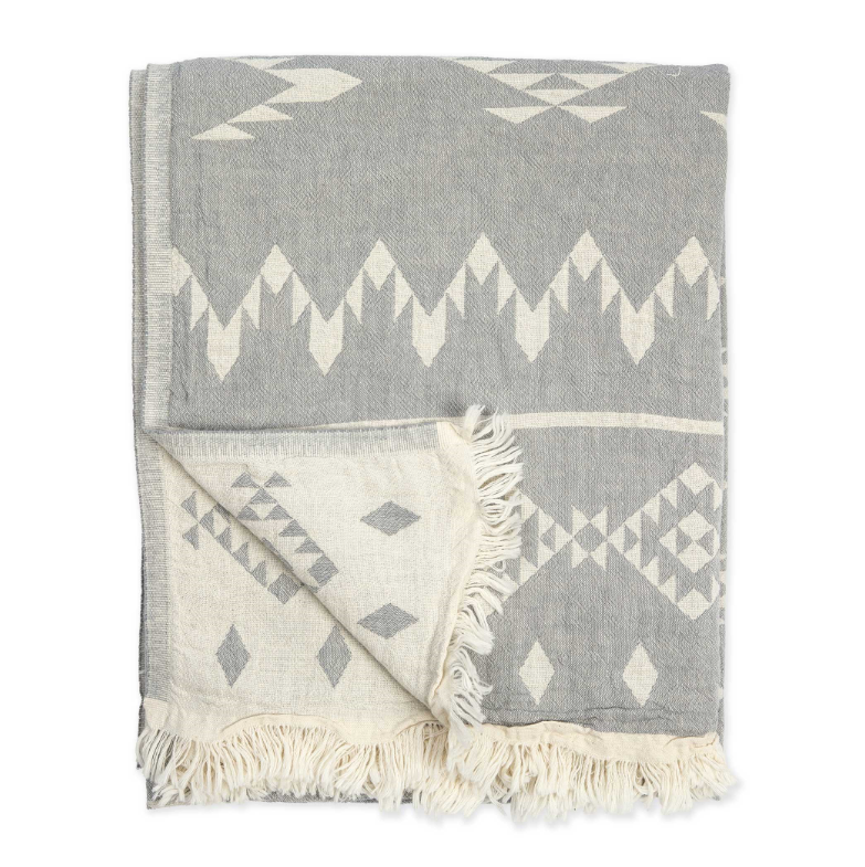 Gray and white patterned blanket with fringes on a white background