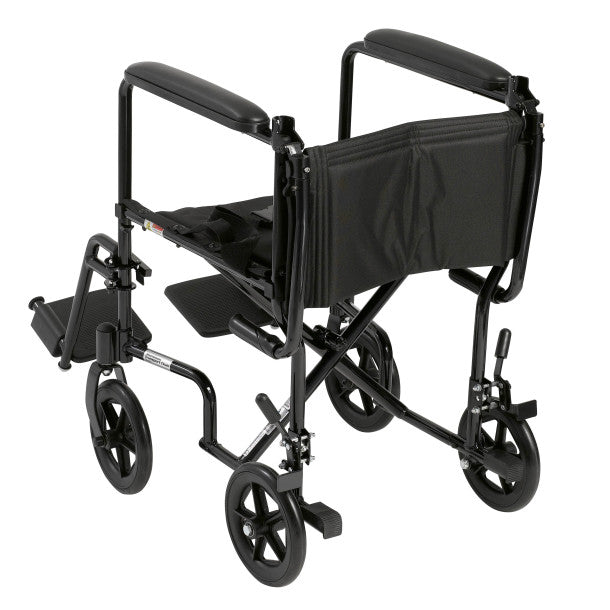 Black wheelchair with folded legs on a white background