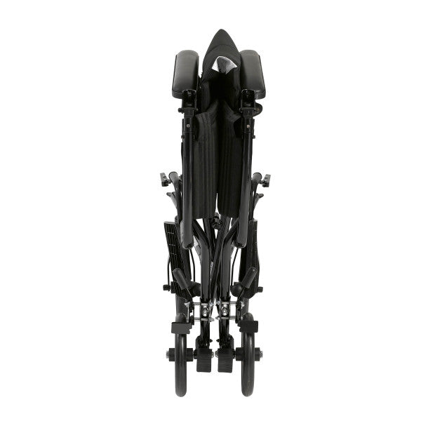 Black stroller folded on a white background